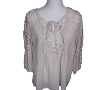 BILA Boho Cream Sheer with Lace Trim Blouse Size XL